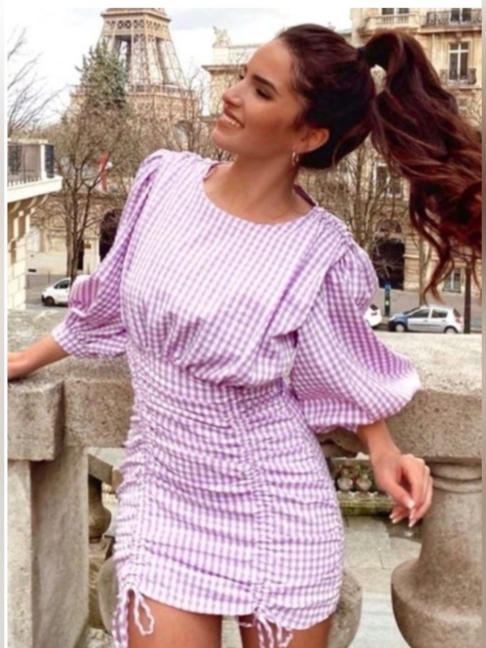 Zara Purple Gingham Drawstring Dress Balloon Sleeve size Large
